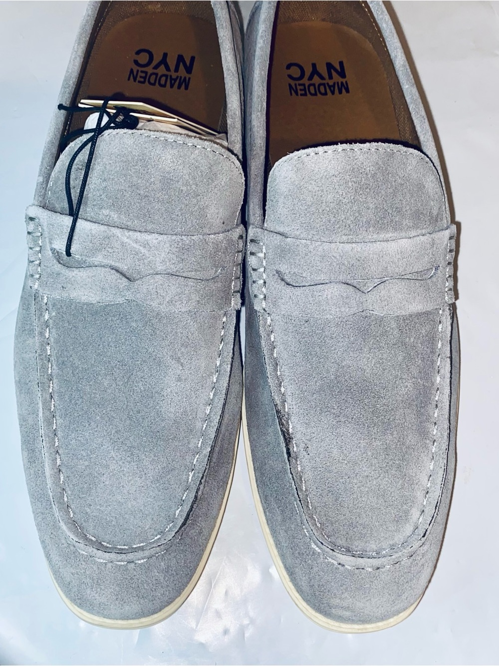 Madden NYC Men’s Suede Penny Loafers — Light Gray